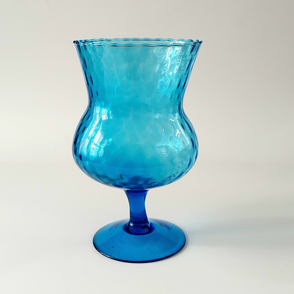 Empoli Italian Blue Optic Diamond Glass Pedestal Vase Mid Century Modern Collect